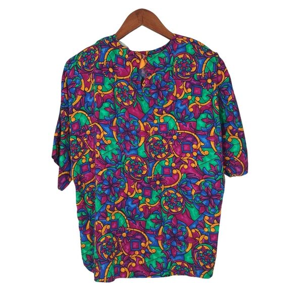 Vintage Colorful Abstract Floral Print Short Sleeve Blouse Stain Glass Sz Medium - Picture 2 of 4